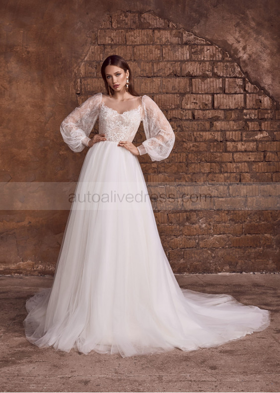Long Sleeves Ivory Lace Tulle Buttons Back Wedding Dress
